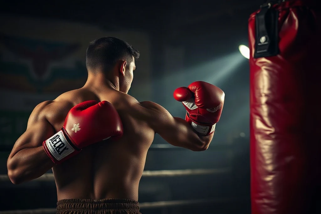 Boxing gloves hanging on a dark gym wall, the muay thai motif of the original review