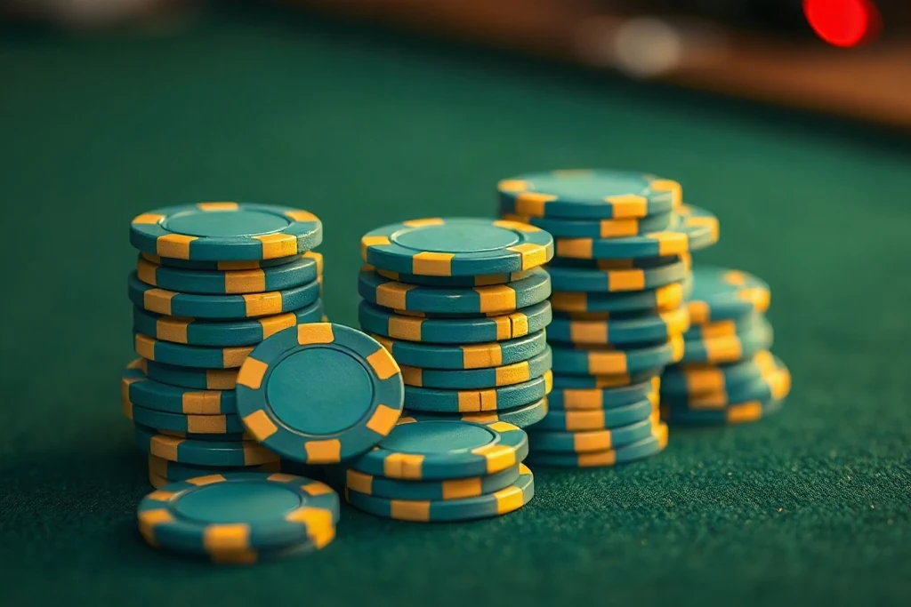 Playing cards face-down beside blank casino chips on green felt