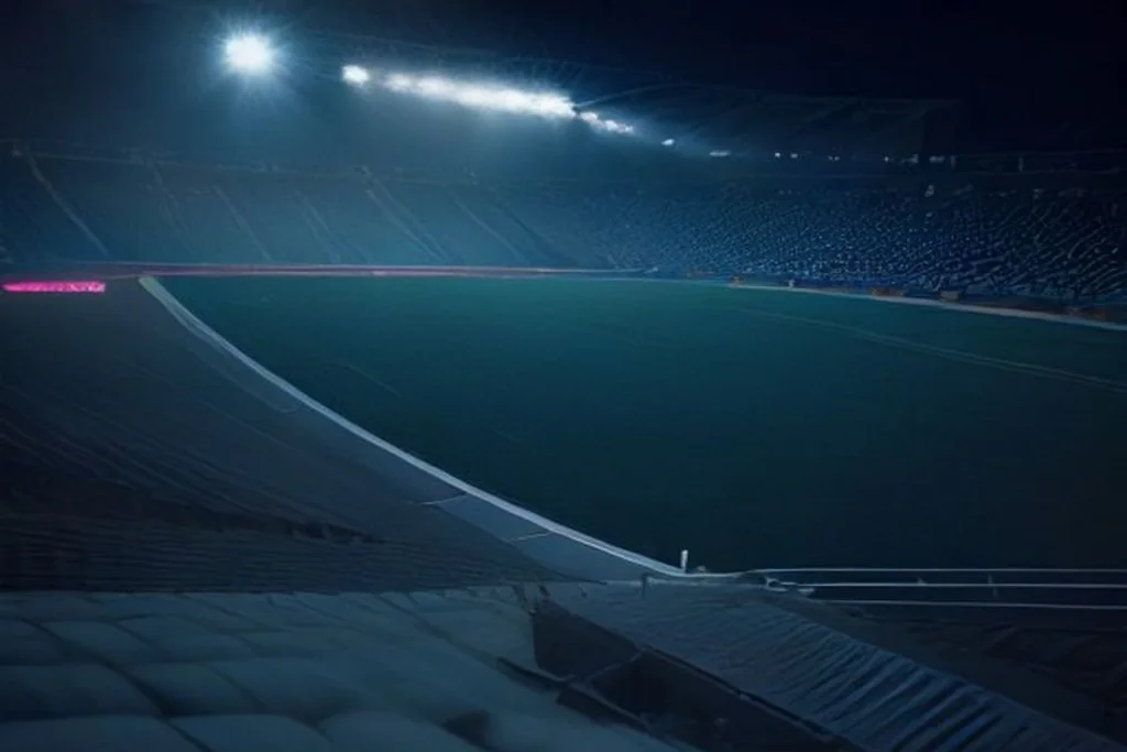 Smartphone with a blurred glowing screen and stadium bokeh behind it